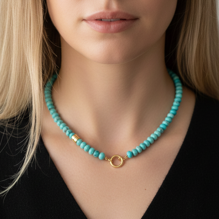 14k Gold Beaded Turquoise Push In Circle Necklace