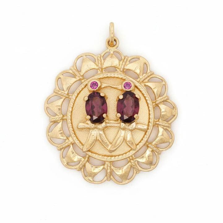 18k Yellow Gold Amethyst Pink Sapphire Love Birds Charm