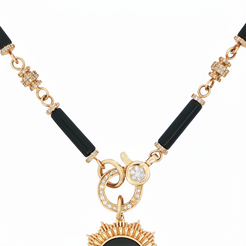 14k Yellow Gold Black Onyx Diamond Barrel Link Chain
