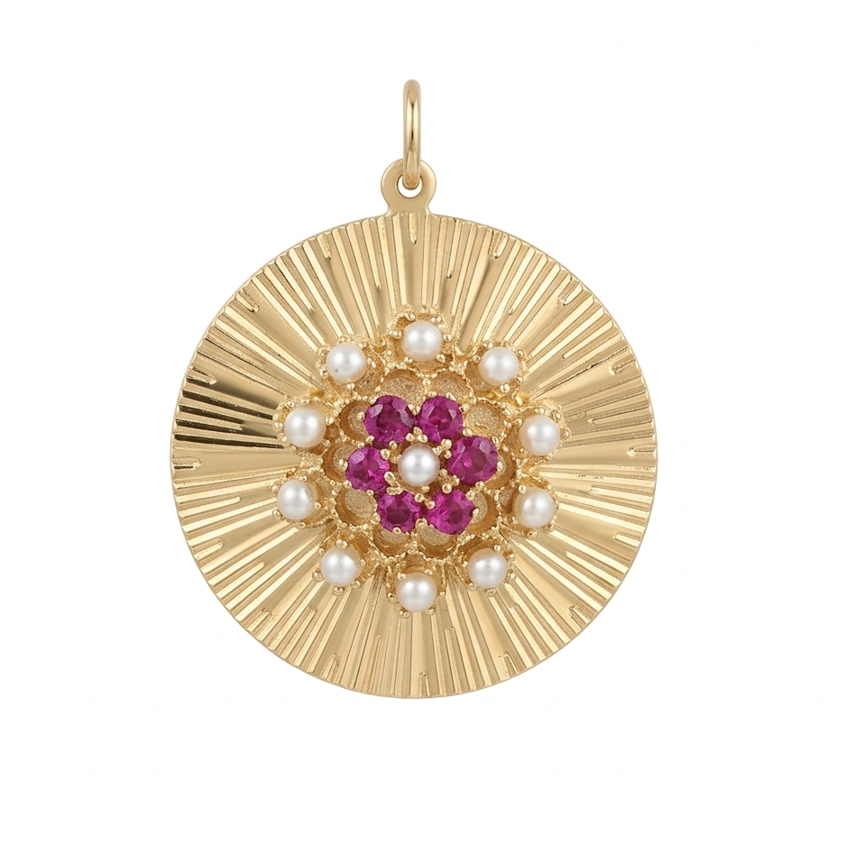 14k Yellow Gold Vintage Ruby and Pearl Sunburst Medallion Charm