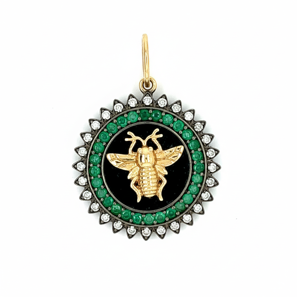 14k Yellow Gold Silver Diamond Blue Sapphire Emerald Bee Charm