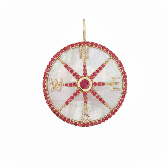 14k Yellow Gold Mother of Pearl Diamond Compass Charm