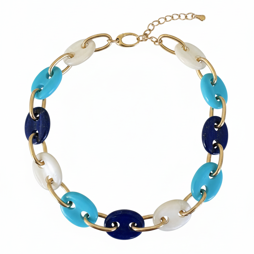 14k Yellow Gold Lapis Mother of Pearl and Turquoise Mariner Link Choker Necklace