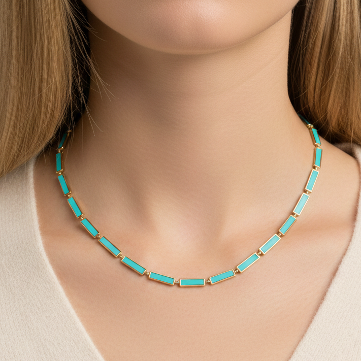 14k Gold Turquoise Link Necklace