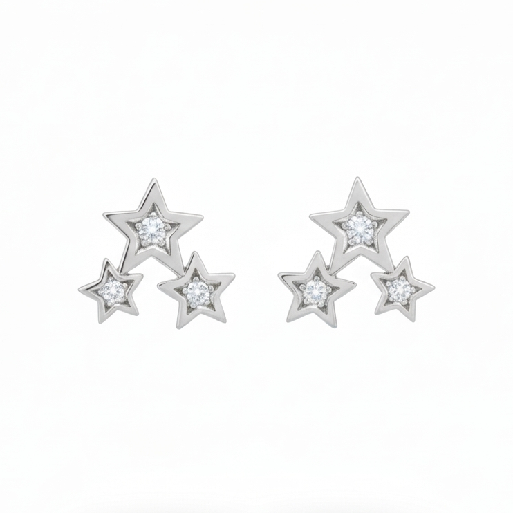 14k Gold Diamond Triple Star Stud Earrings