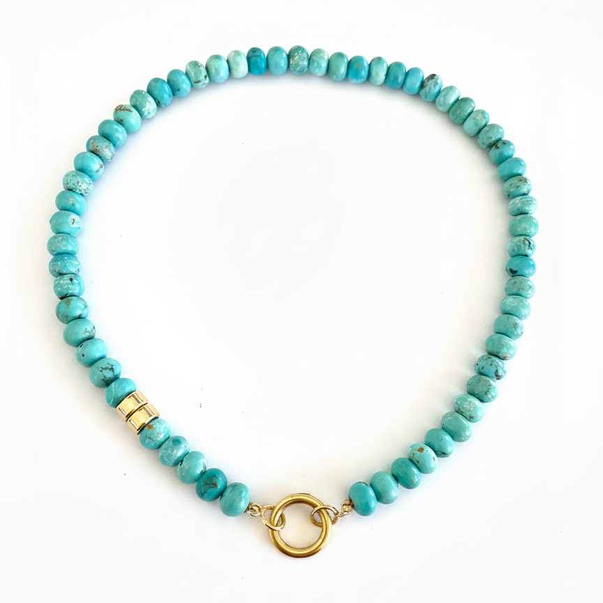 14k Gold Beaded Turquoise Push In Circle Necklace
