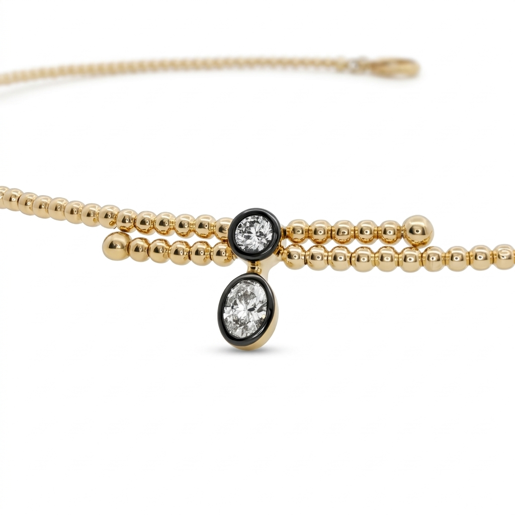 14k Yellow Gold Bezel Set Diamond Drop Ball Chain Choker