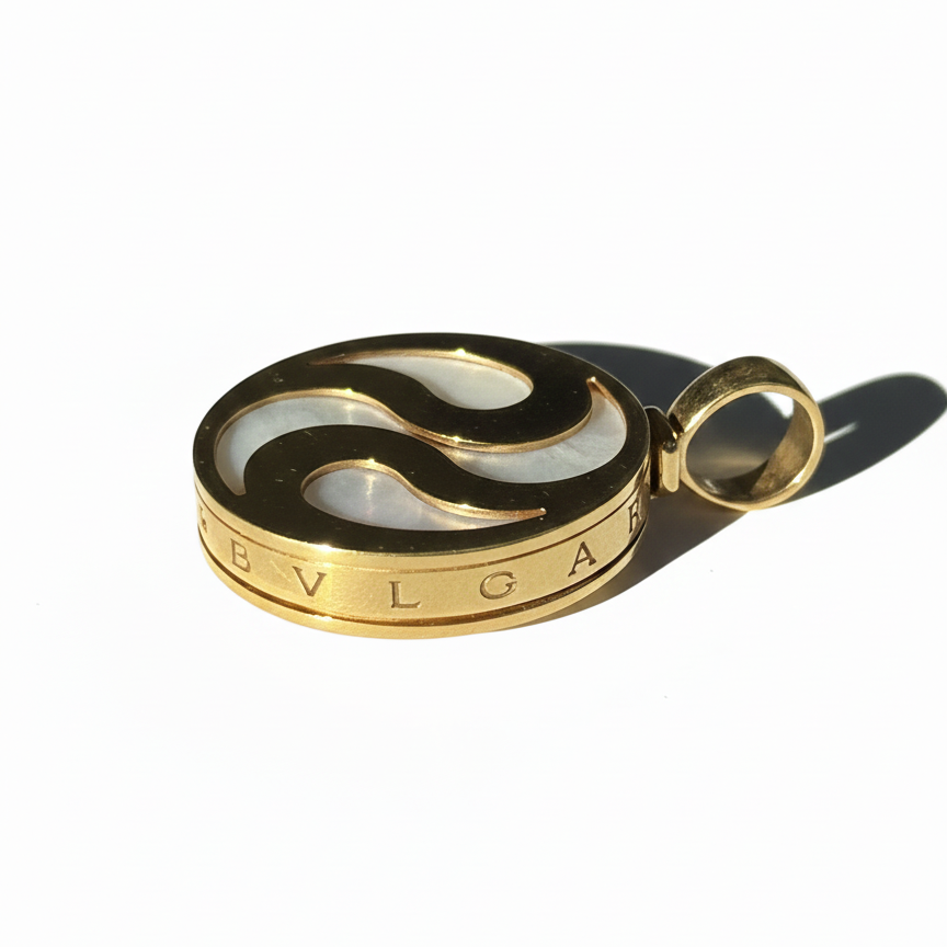 18k Gold Mother of Pearl & Steel Optical Illusion Bvlgari Round Spinner Pendant