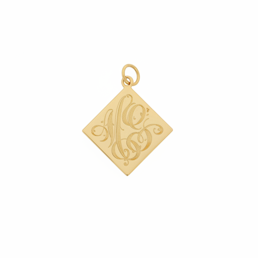 14k Yellow Gold Vintage Diamond Engine Turned Charm