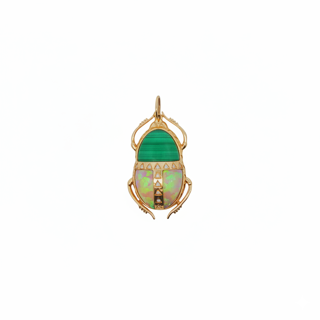14k Yellow Gold Diamond Malachite Scarab