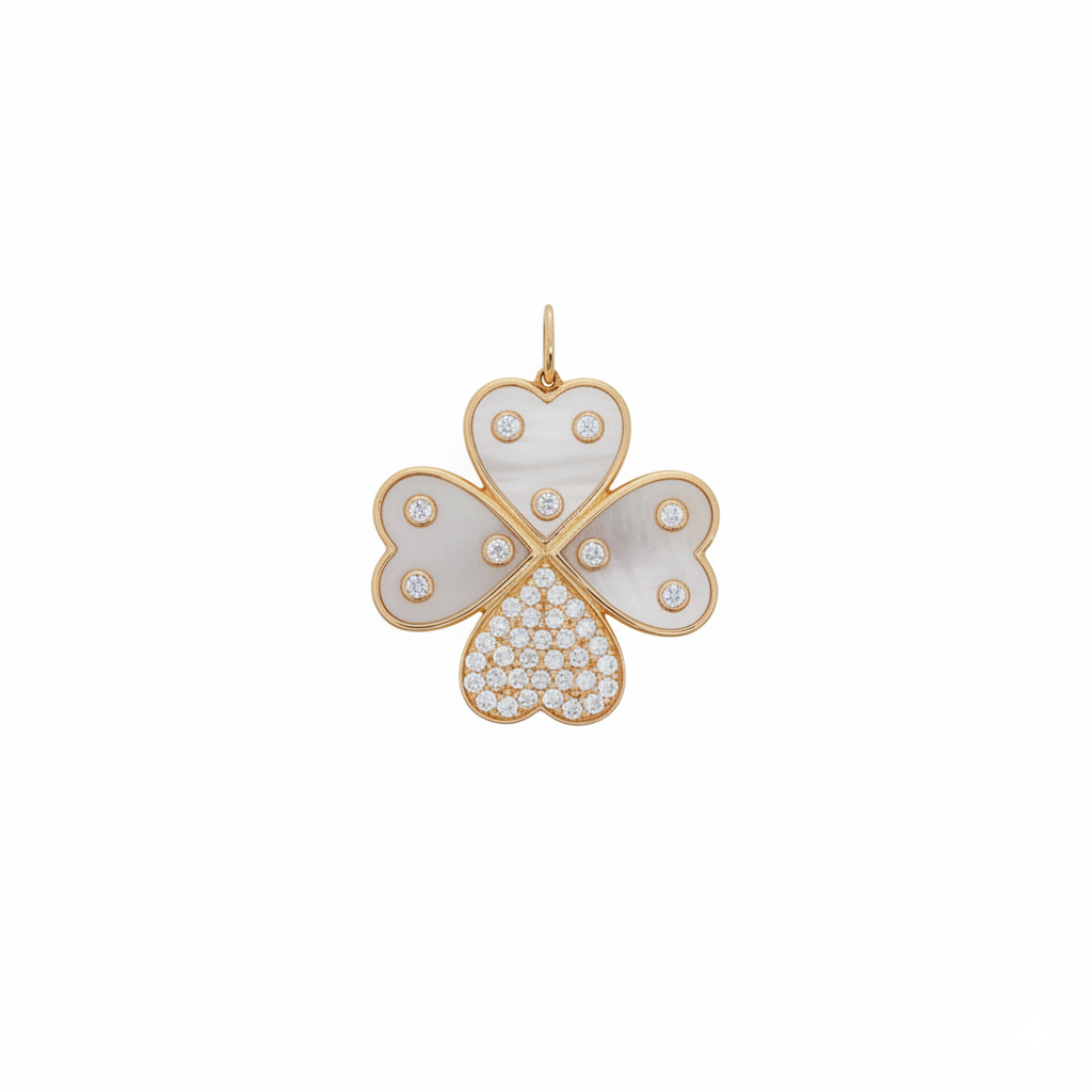 14k Yellow Gold Mother of Pearl Diamond Clover Charm