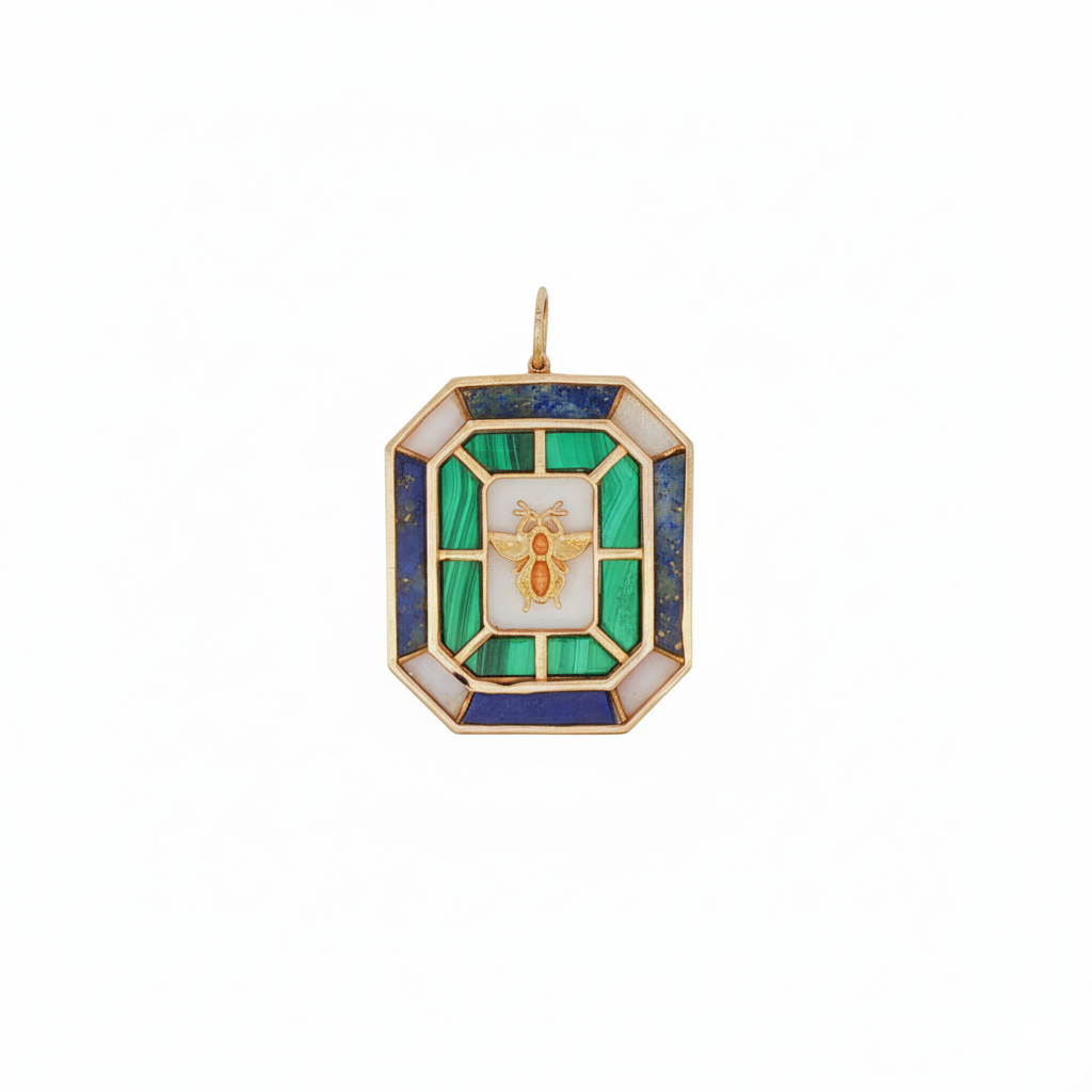 14k Yellow Gold Lapis Malachite Geometric Bee Pendant Charm