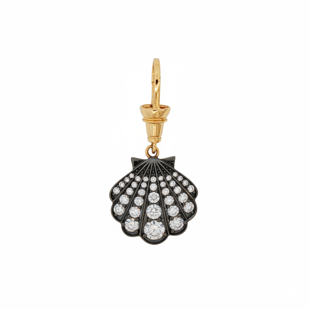 14k Yellow Gold Rhodium Diamond Seashell Push-in Clasp Charm