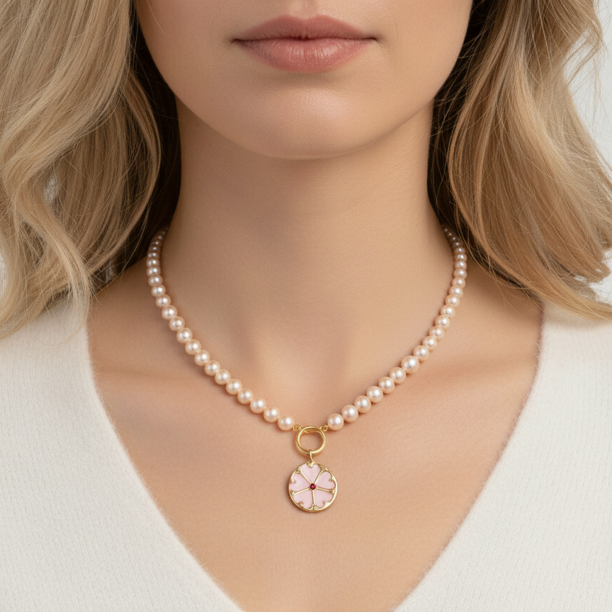 14k Yellow Gold Pearl Push In Circle Necklace