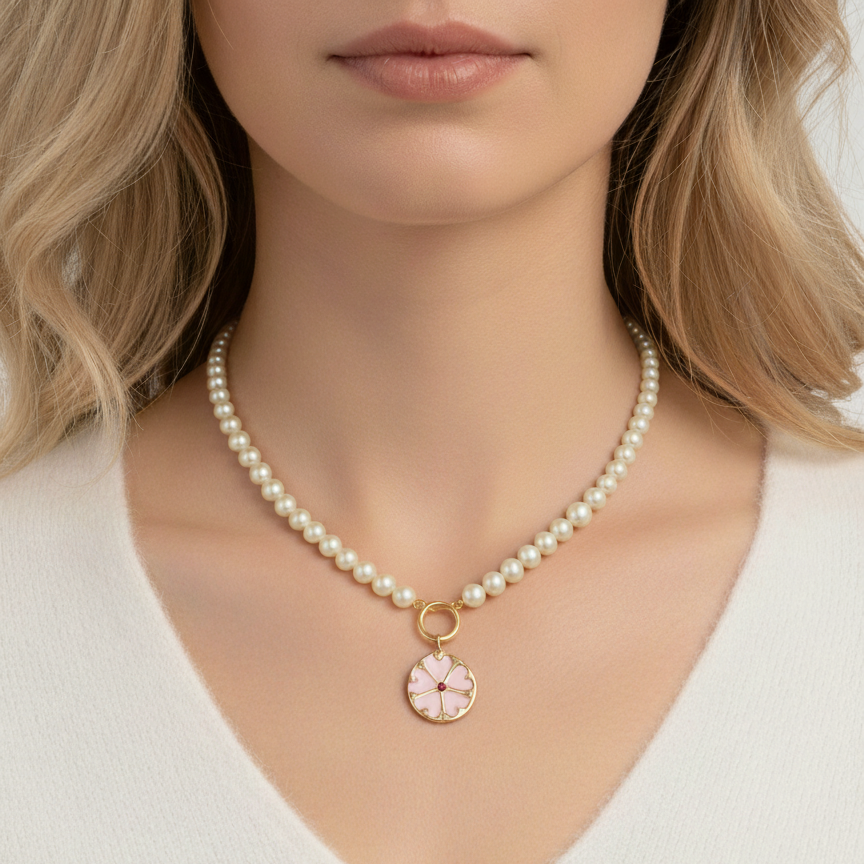 14k Yellow Gold Pearl Push In Circle Necklace