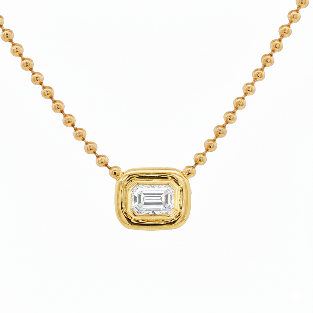 14k Yellow Gold 1 carat Lab Diamond Emerald Cut 2mm Ball Chain Necklace