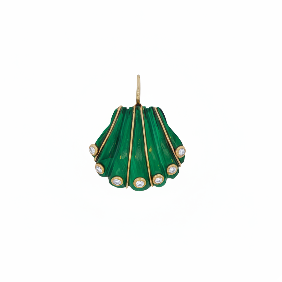 14k Yellow Gold Malachite Diamond Shell Charm