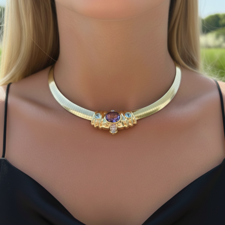 14k gold 1980s vintage rainbow gemstone slide pendant jewelry detail