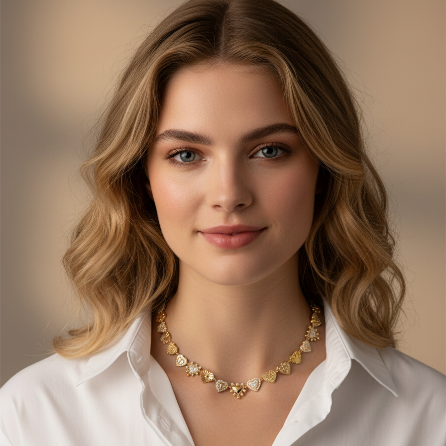 Close-up of 14k yellow gold contemporary diamond heart necklace, heart pendant