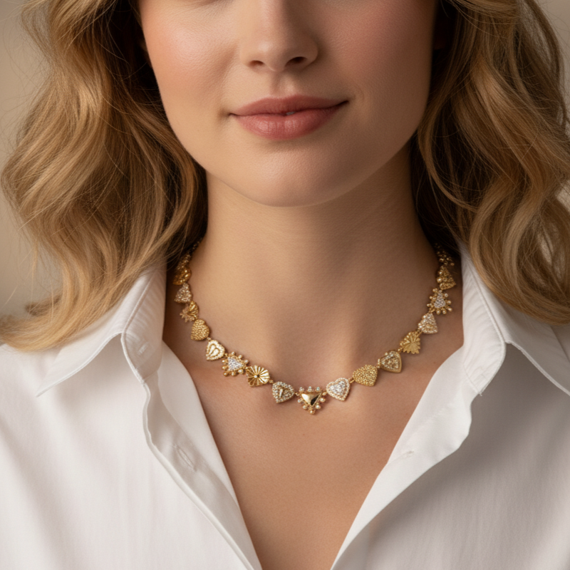 Styled view of contemporary 14k yellow gold diamond heart necklace with diamond heart pendant