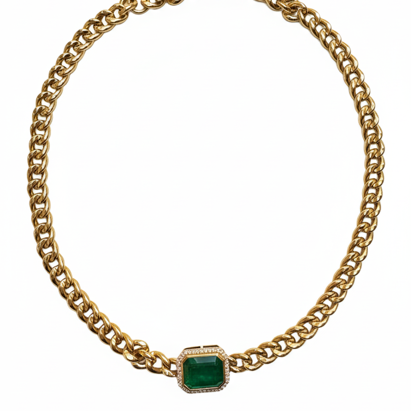 14k Yellow Gold Emerald Diamond Vintage Curb Link Necklace