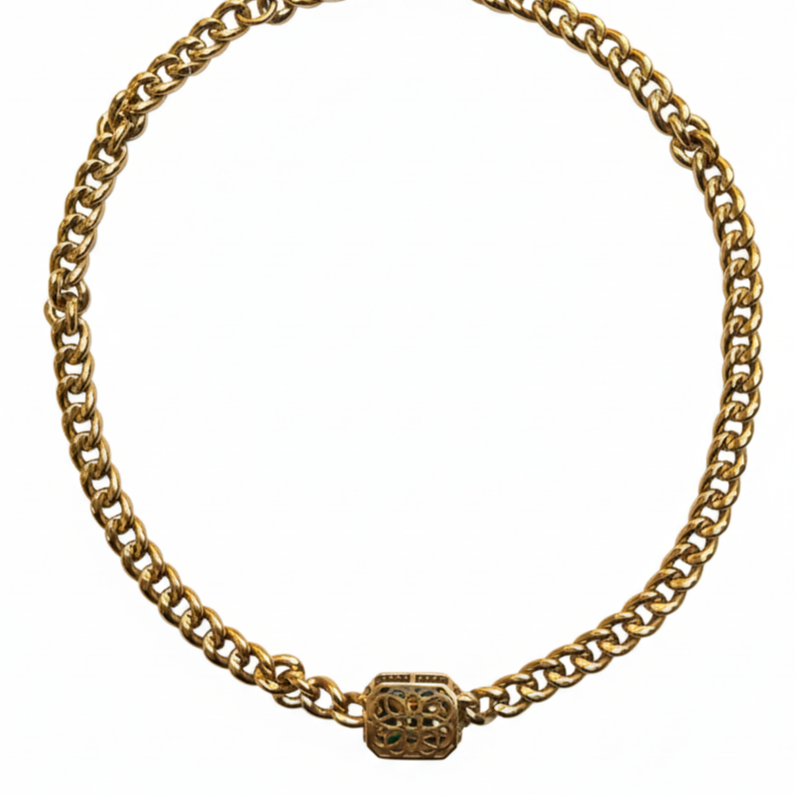 14k Yellow Gold Emerald Diamond Vintage Curb Link Necklace