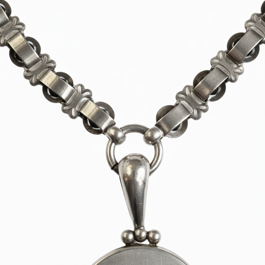 Sterling silver vintage 1890s floral oval locket necklace on Victorian book chain