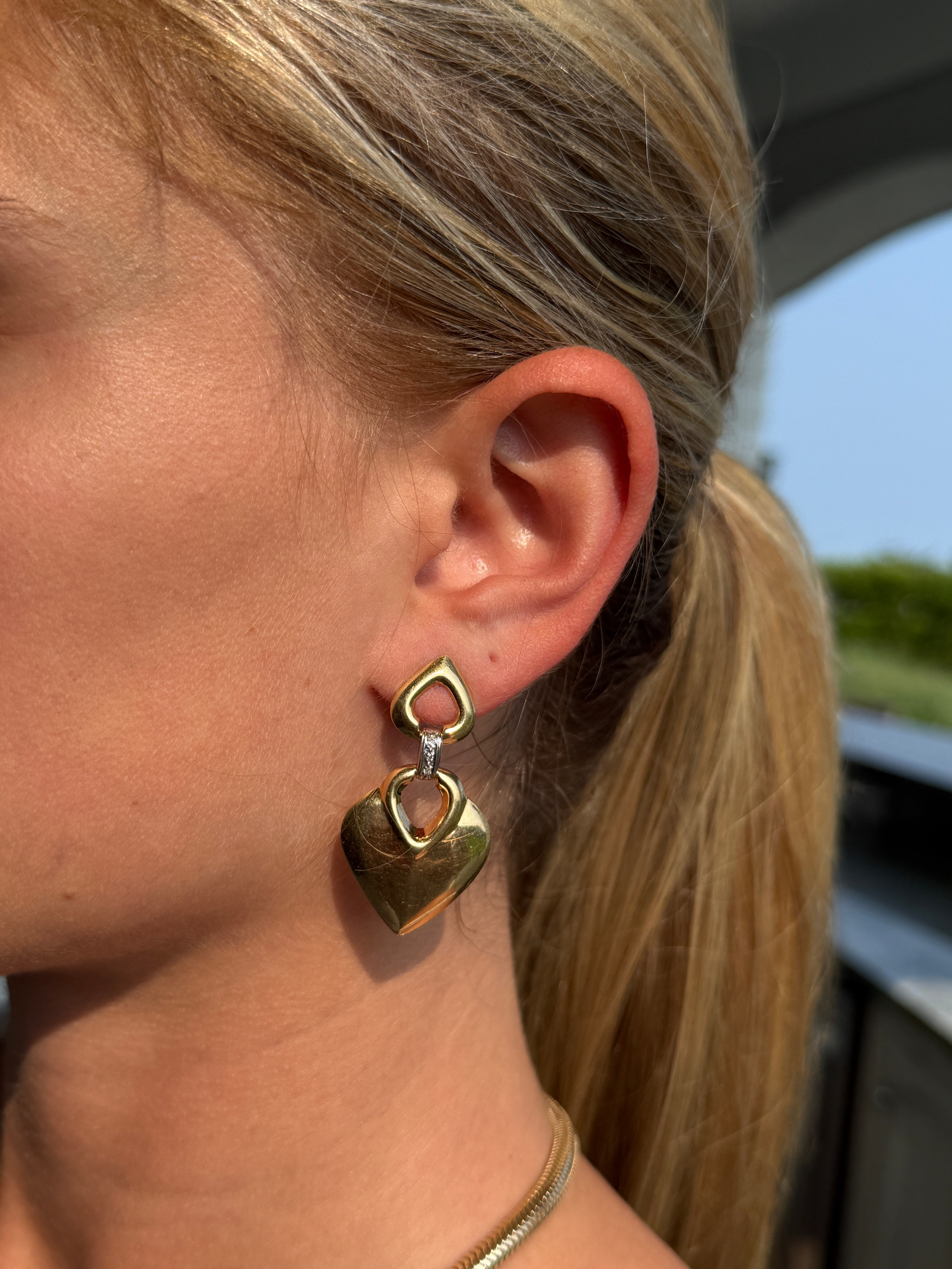 14k Yellow Gold Vintage Drop Heart Diamond Earrings