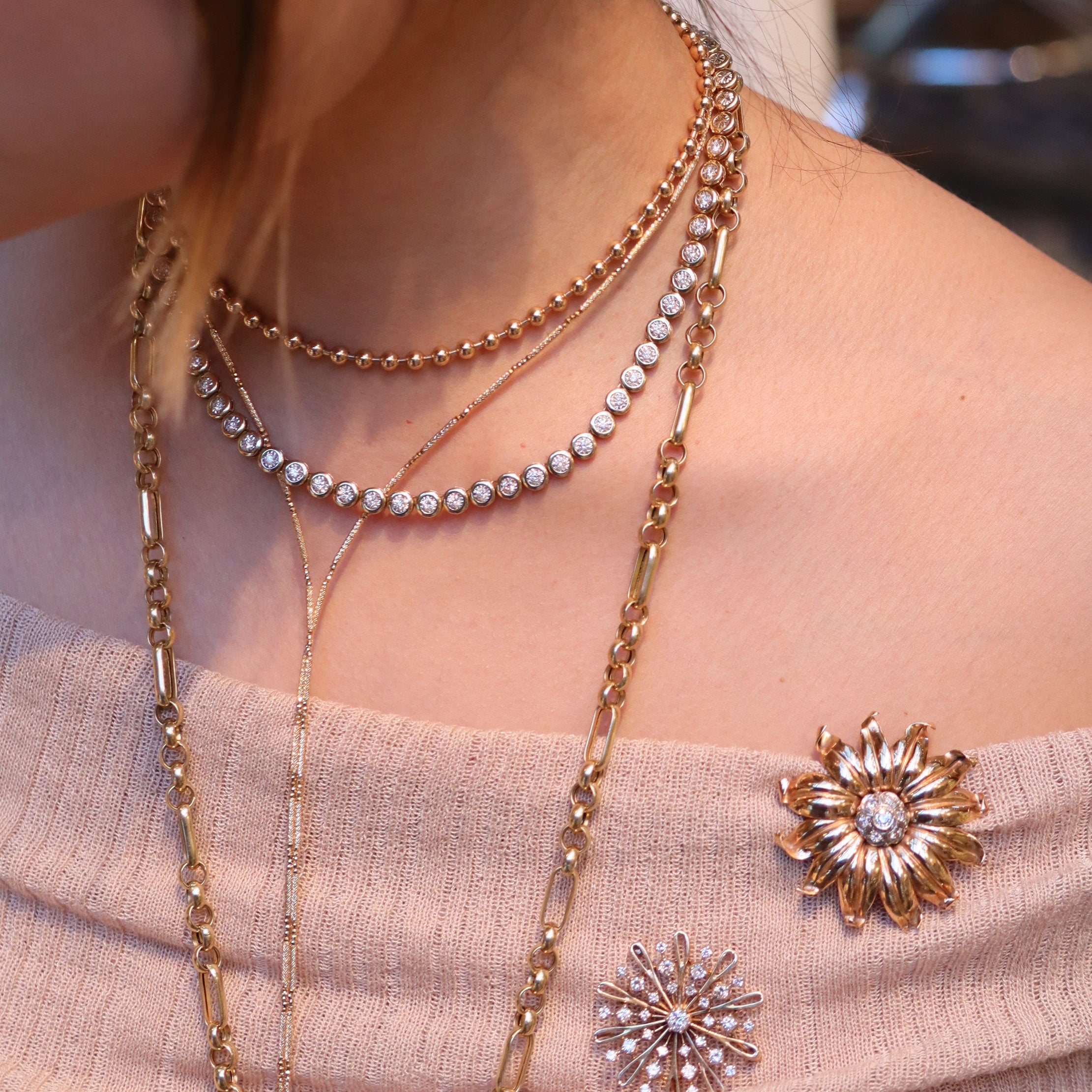 14k Yellow Gold Chunky Bezel Set Natural Diamond Tennis Necklace