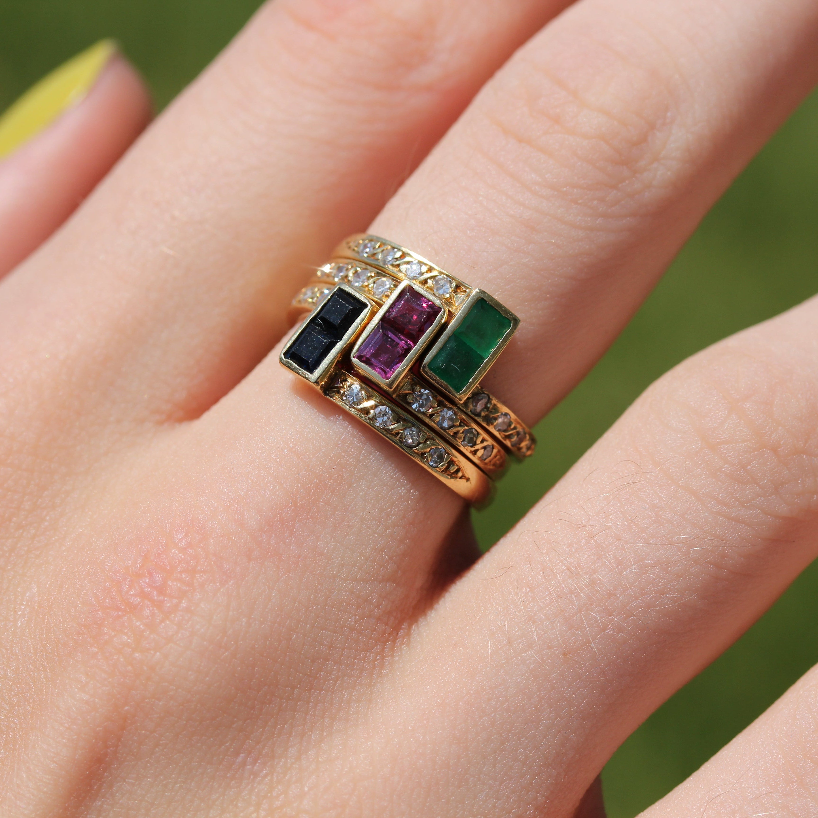18k Yellow Gold Triple Stacking Ruby, Emerald, Sapphire with Diamond Band Rings