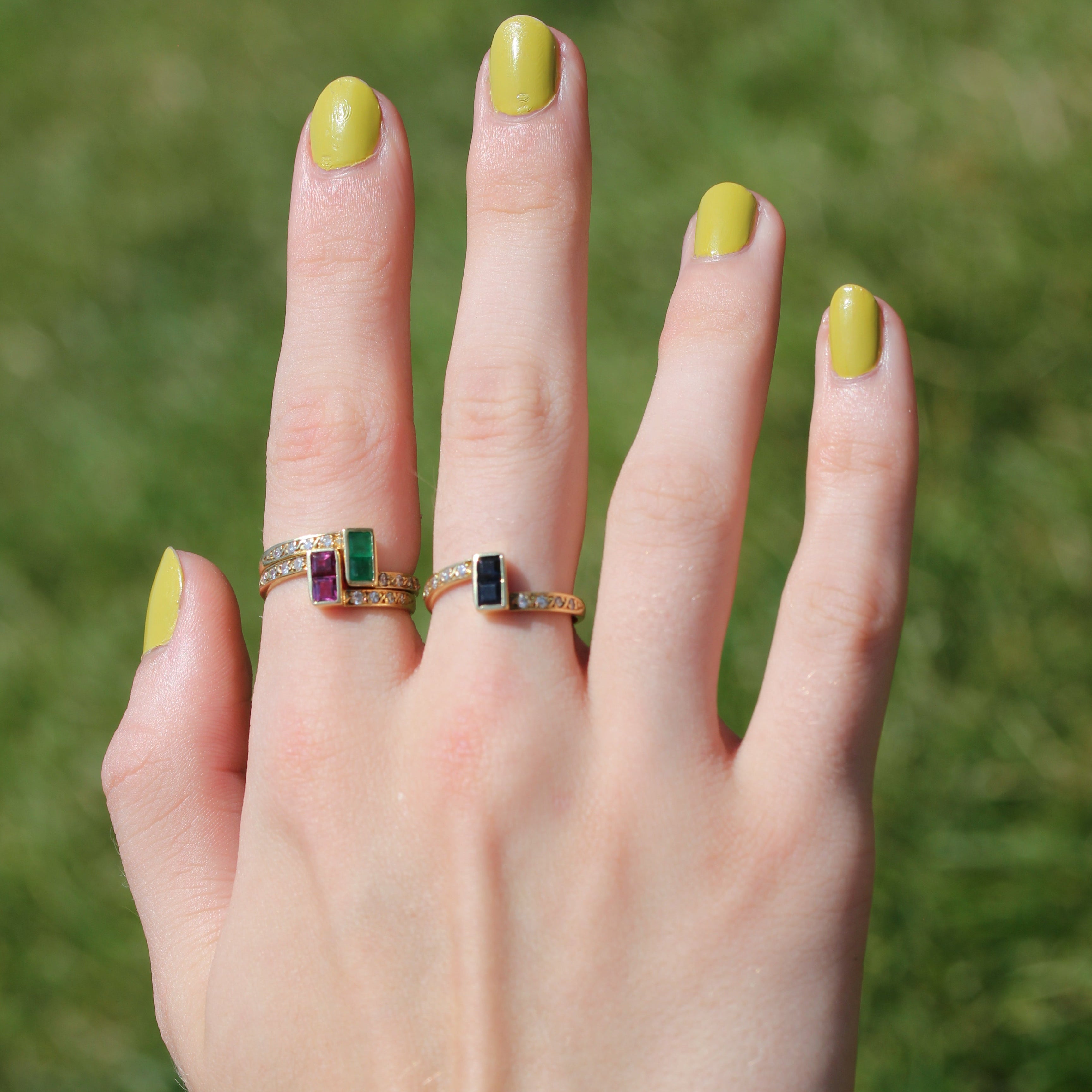 18k Yellow Gold Triple Stacking Ruby, Emerald, Sapphire with Diamond Band Rings