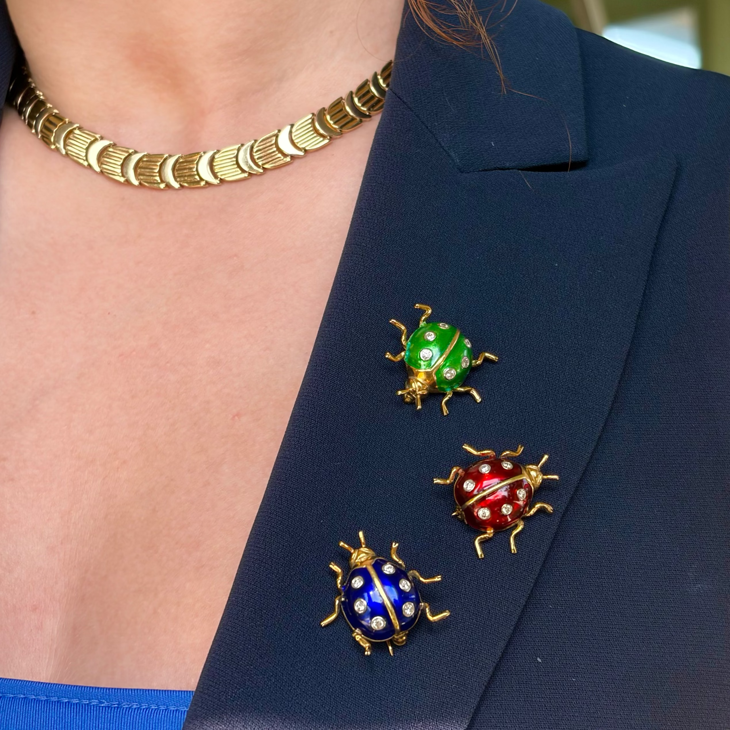 18k Yellow Gold Guilloché Enamel Diamond Ladybug Brooch