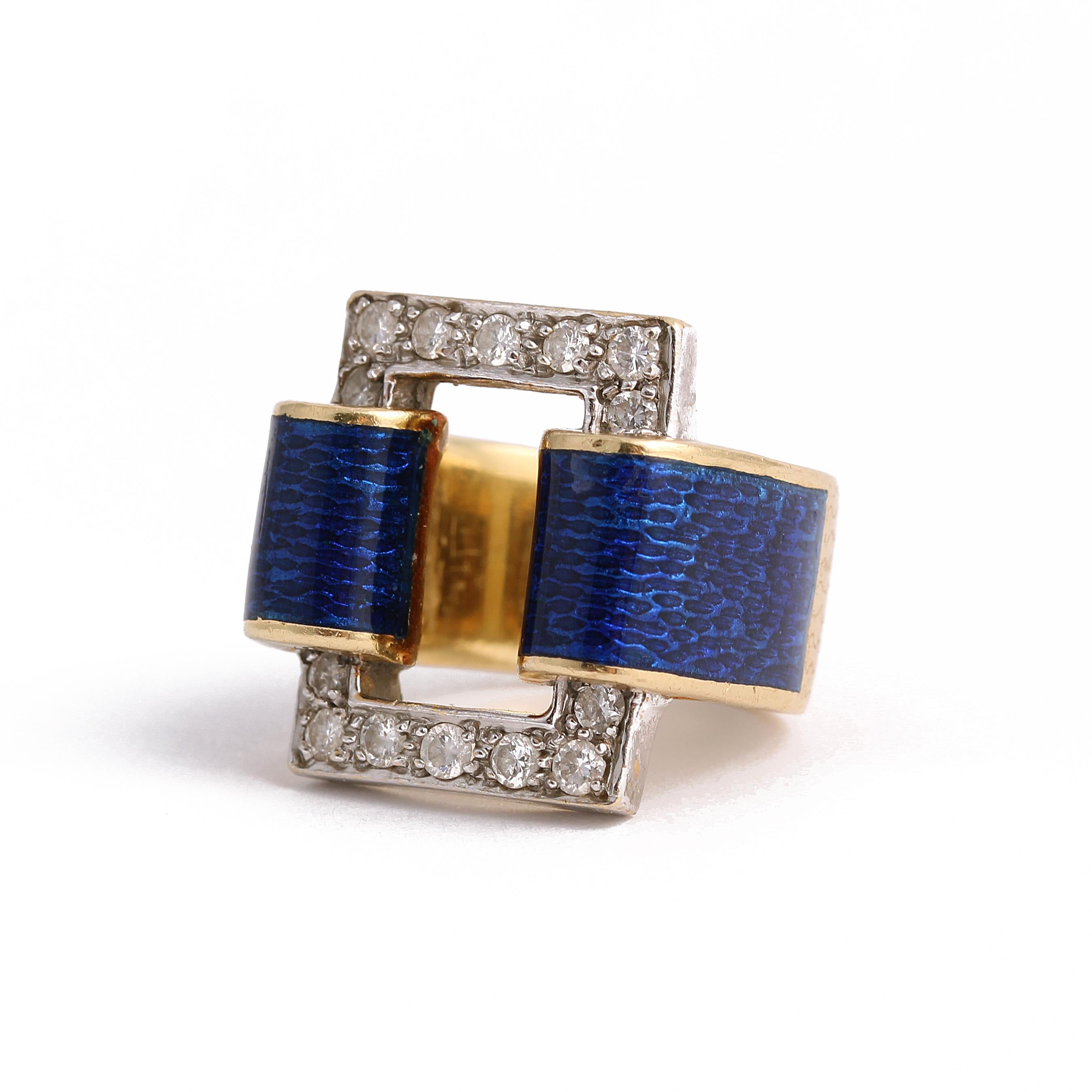 18k Yellow Gold Vintage 1 carat Diamond Blue Guilloché Enamel Geometric Ring