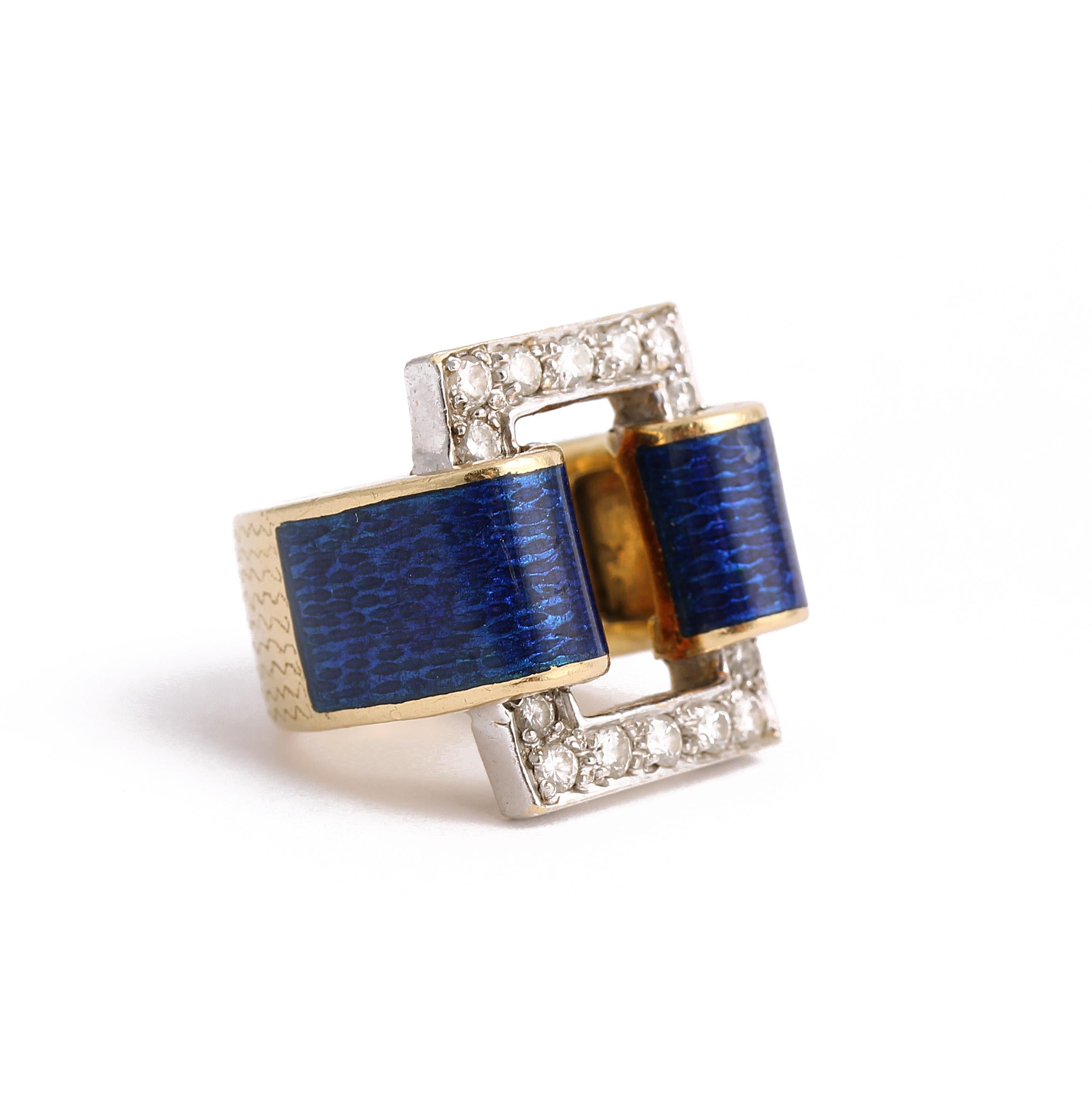 18k Yellow Gold Vintage 1 carat Diamond Blue Guilloché Enamel Geometric Ring