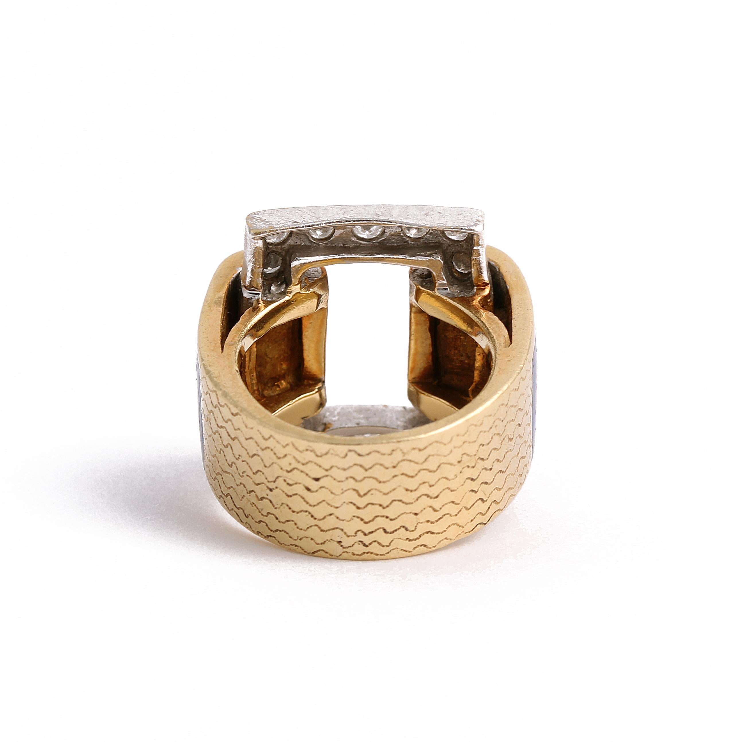 18k Yellow Gold Vintage 1 carat Diamond Blue Guilloché Enamel Geometric Ring