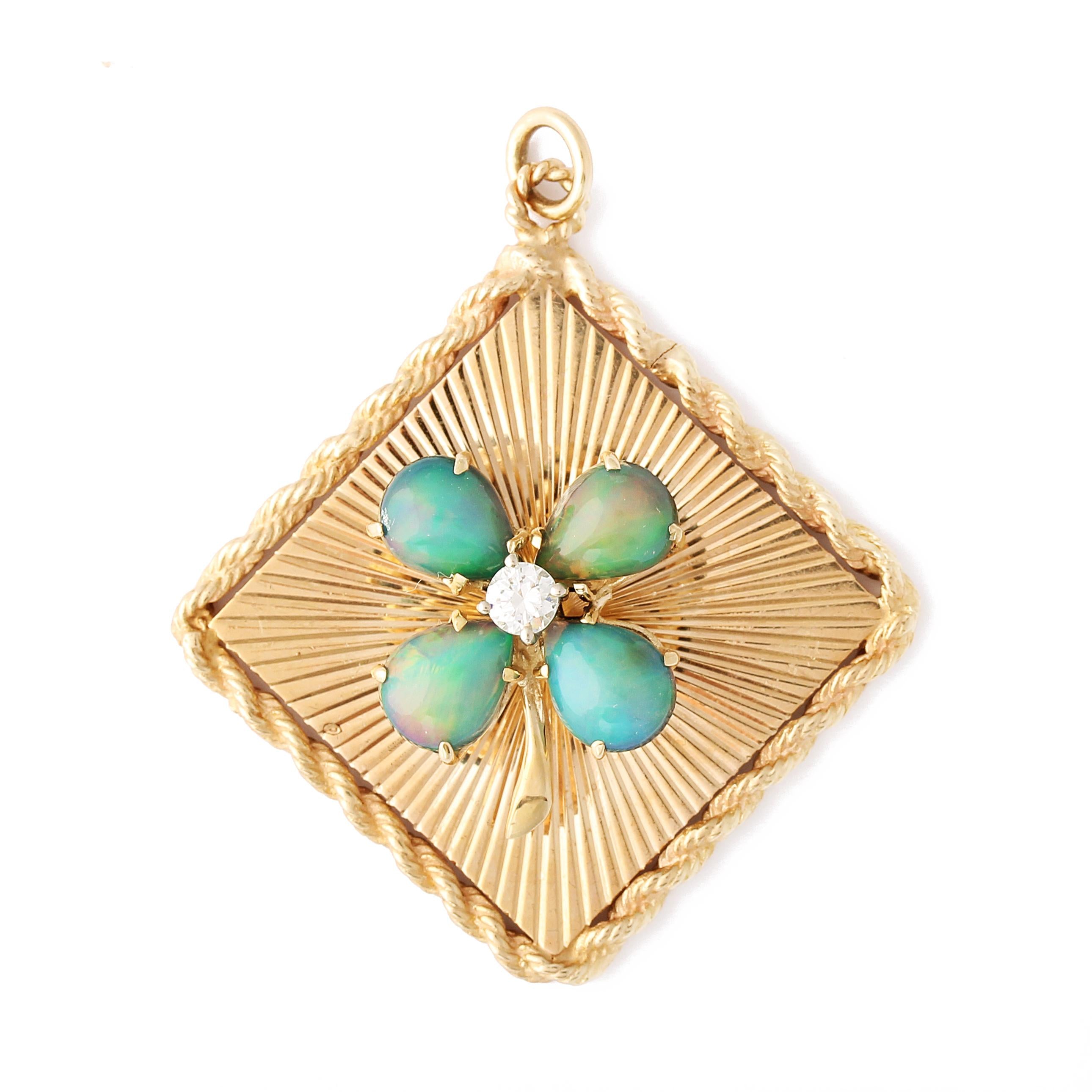 Vintage Engine Turned Opal and Diamond Clover 14k Gold Charm