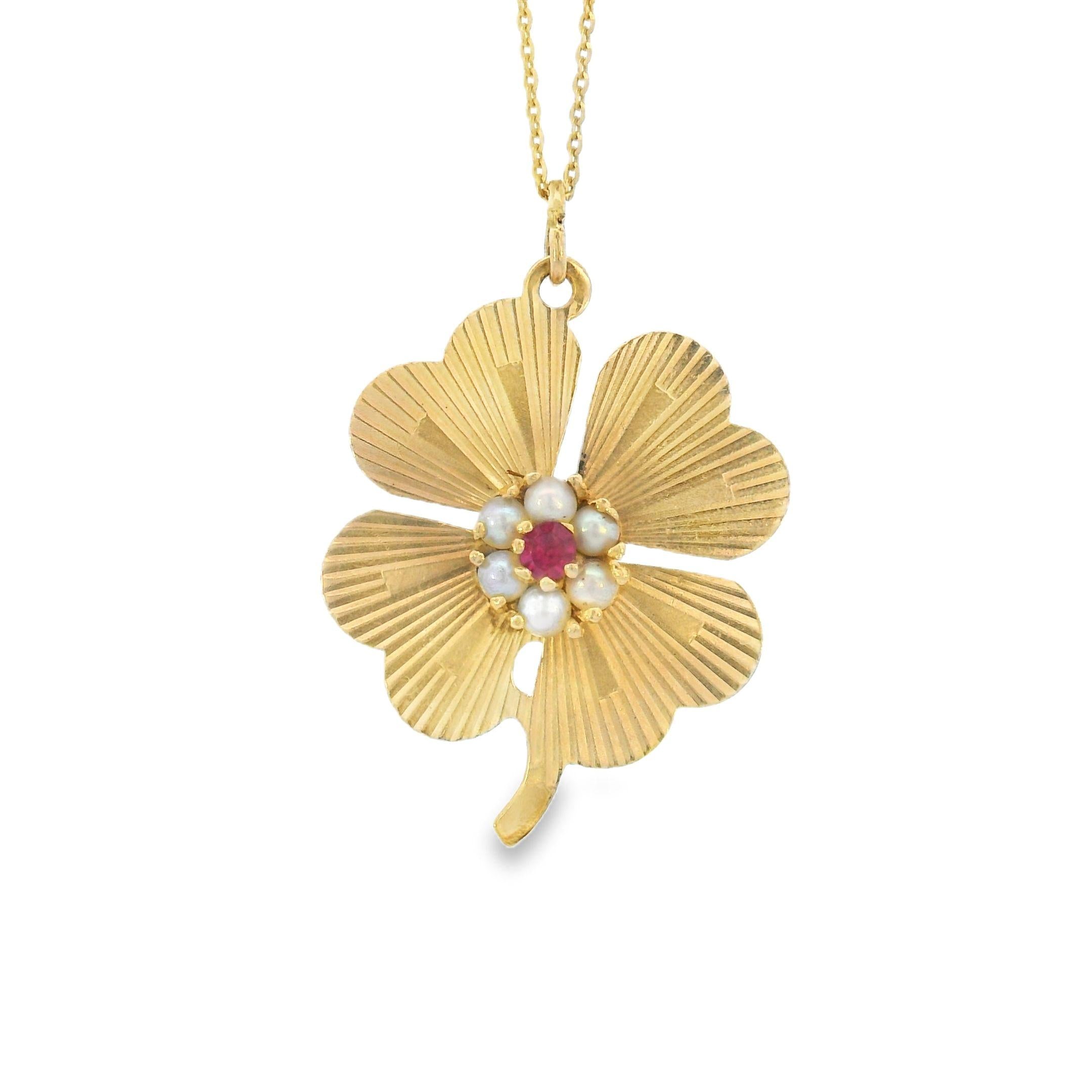 Vintage Engine Turned Pearl Clover 14k Gold Charm