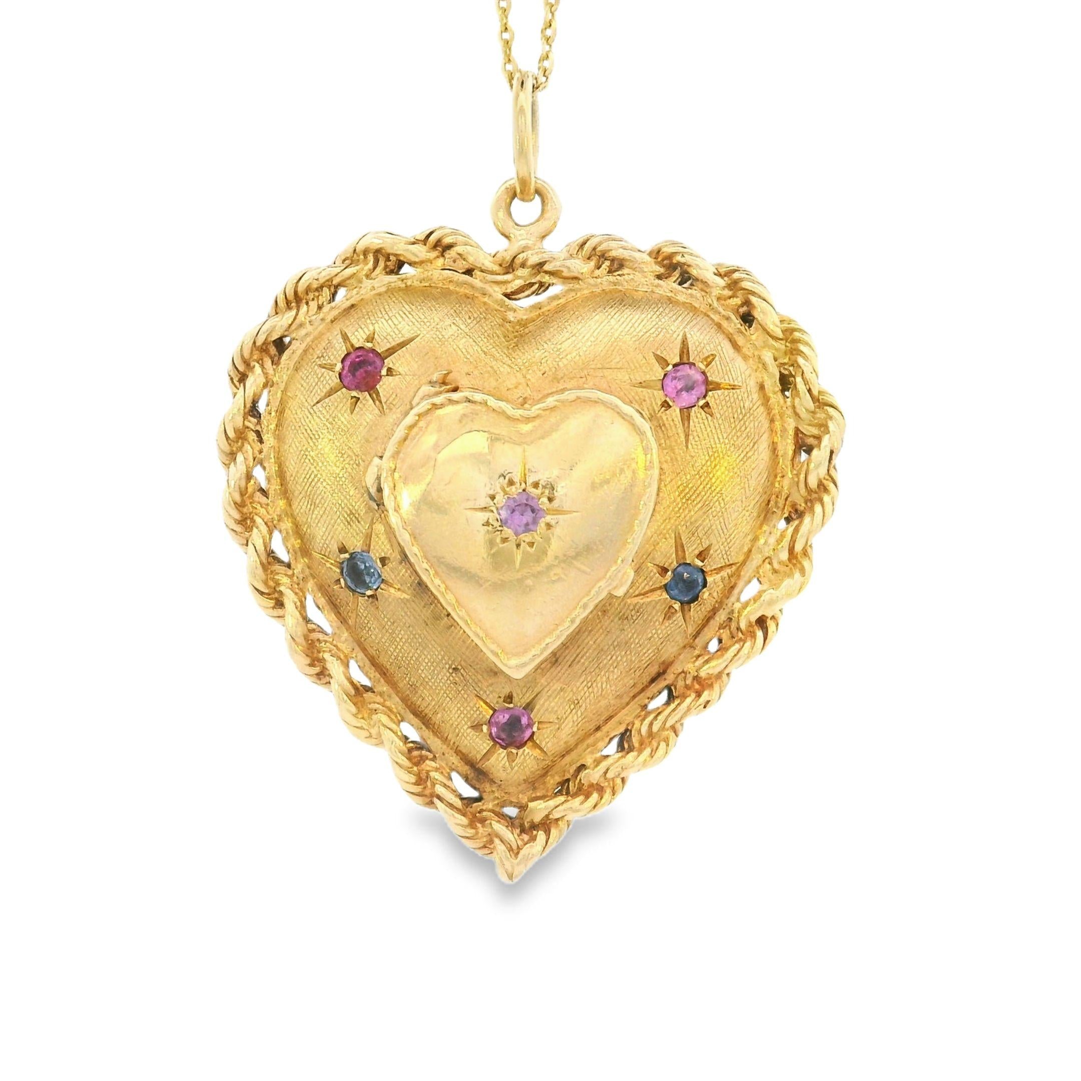 Vintage Ruby and Sapphire Heart 14k Gold Locket