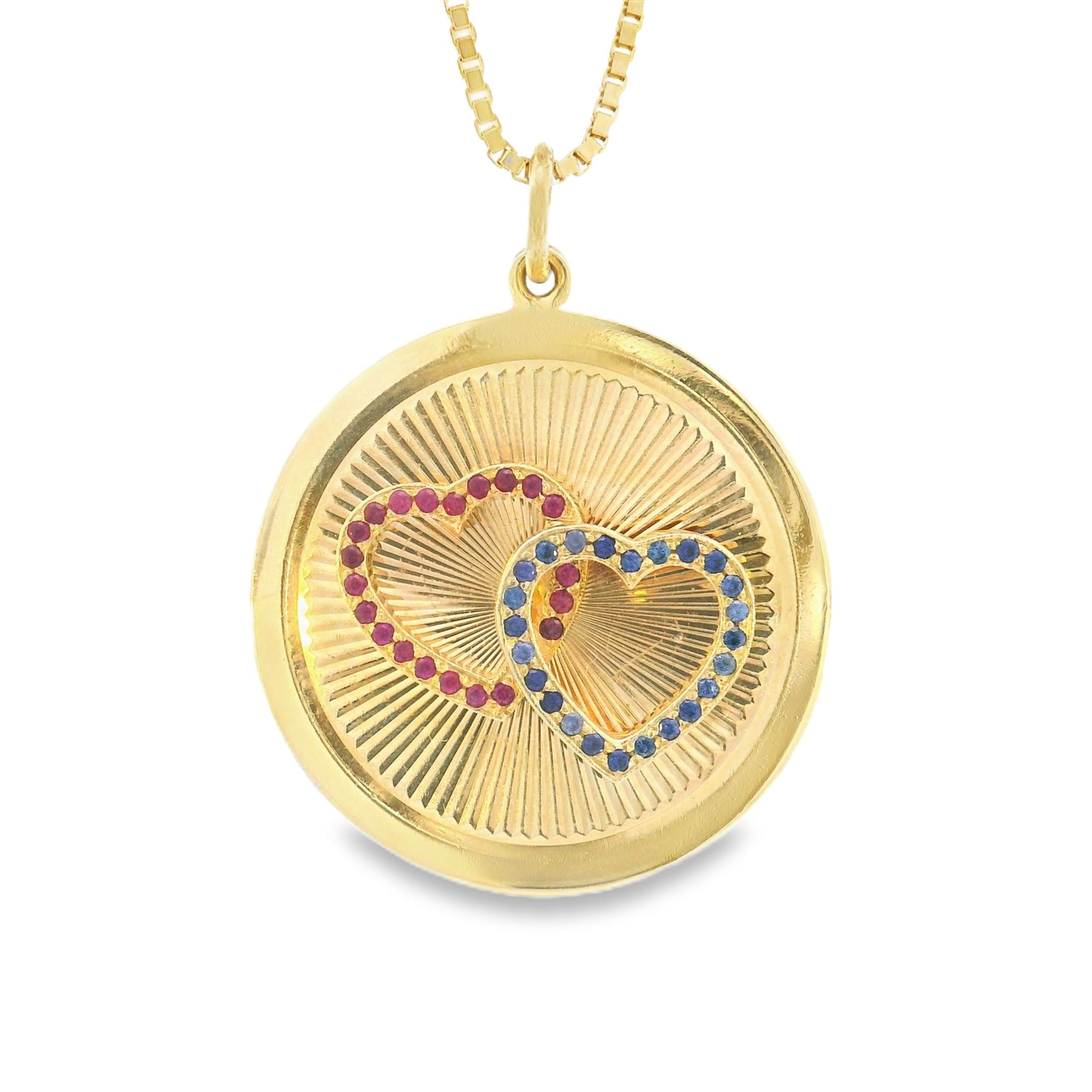 Encanto de oro de 14 k con doble corazón de zafiro y rubí vintage