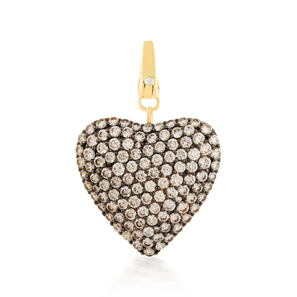 14k Yellow Gold 3.7 Carat Pave Diamond Black Rhodium Heart Lobster Clasp Charm Pendant
