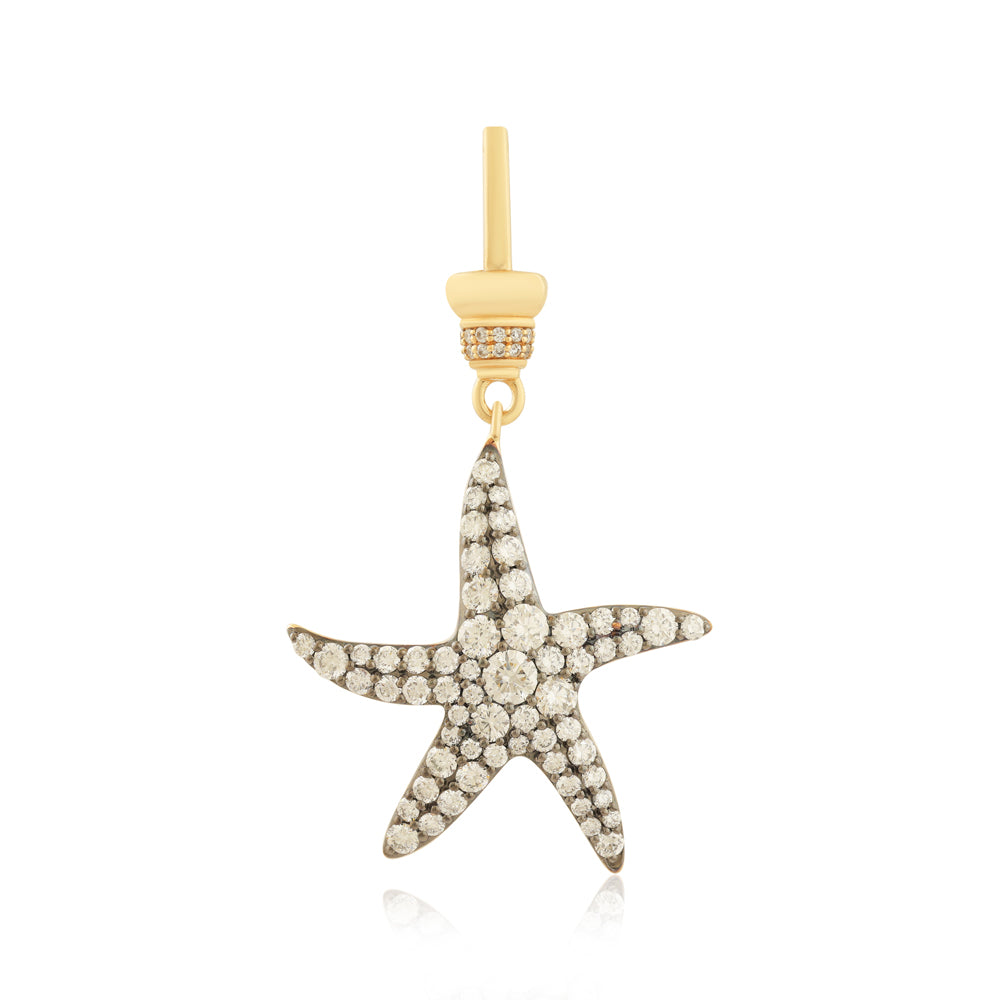 14k Yellow Gold Black Rhodium 1.7 Carat Pave White Diamond Star Push-in Bail Charm Pendant