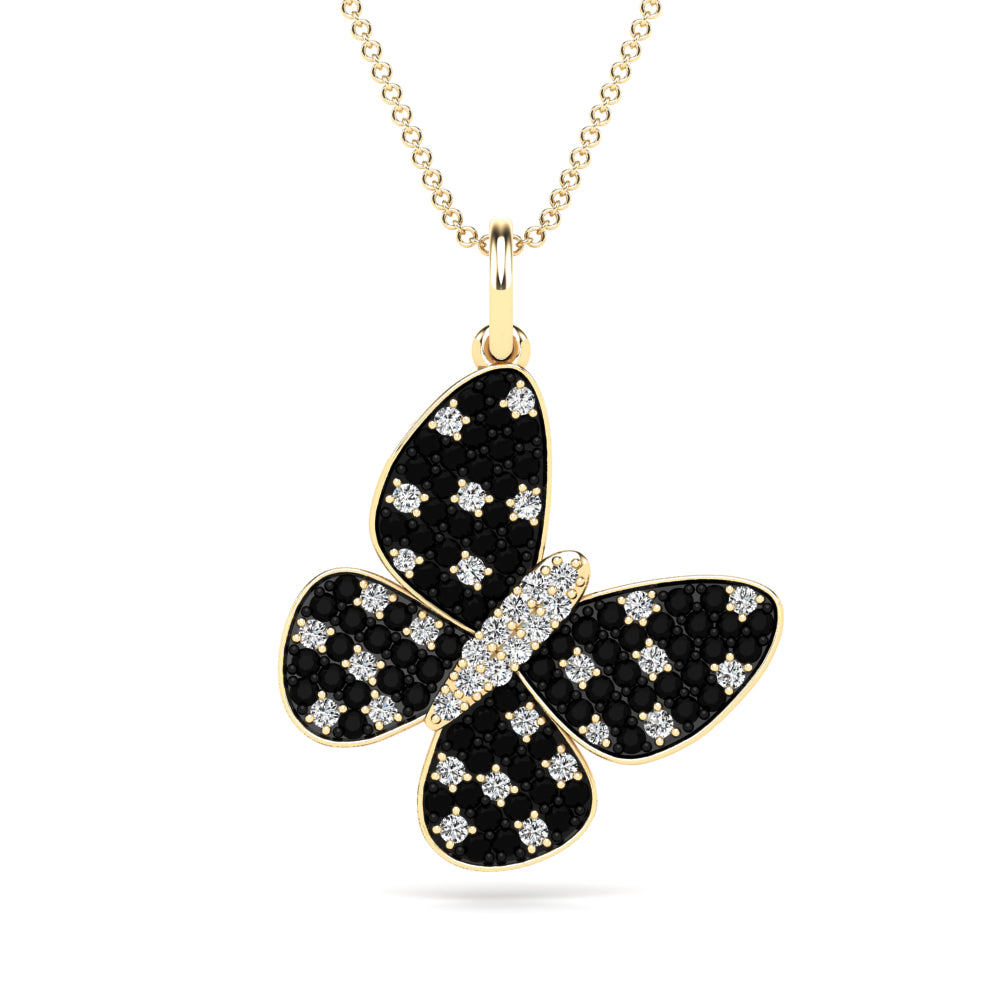 14k Yellow Gold 1.25 Carat Pave Black and White Polka Dot Diamond Butterfly Charm Pendant