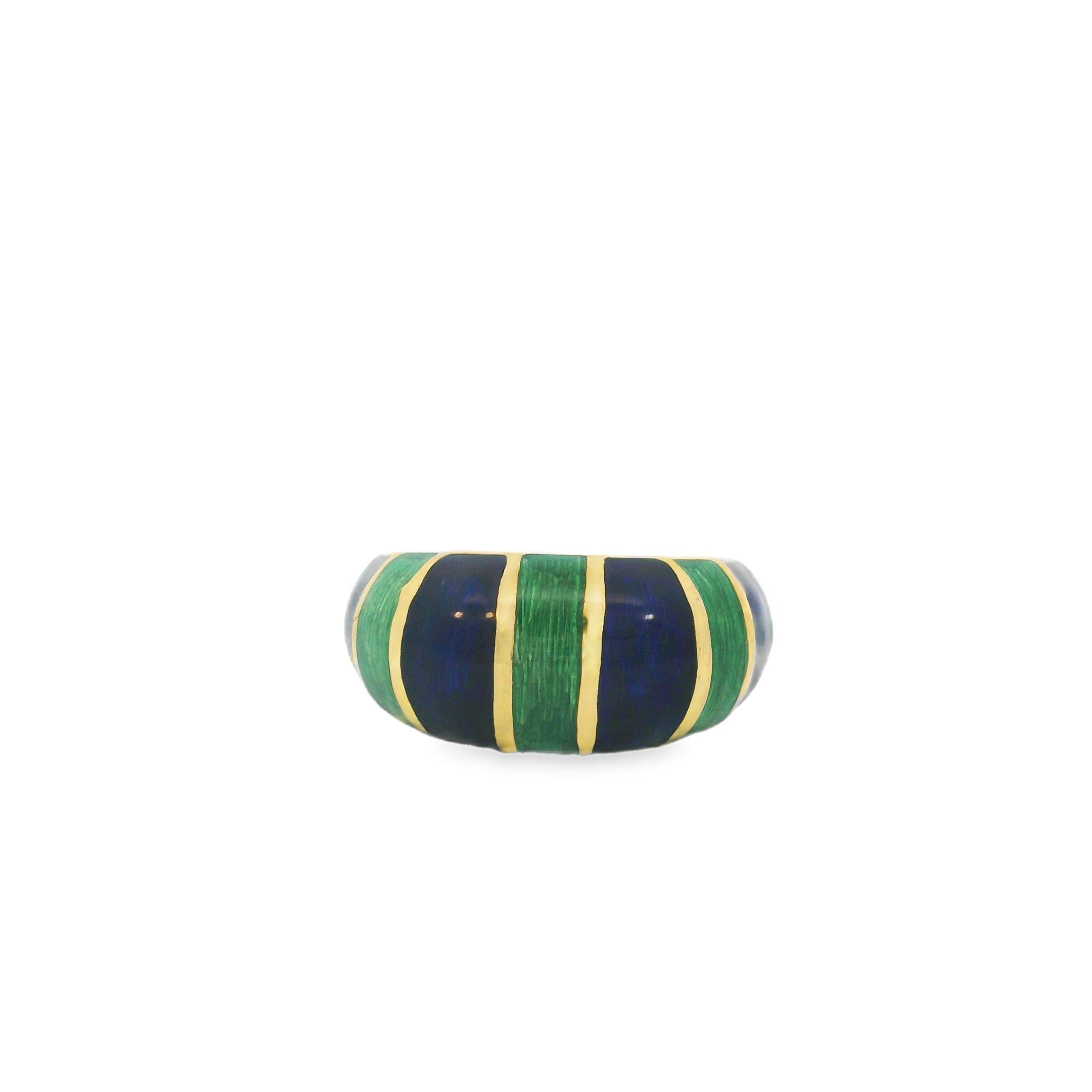 18k Yellow Gold Vintage Enamel Green and Blue Ring