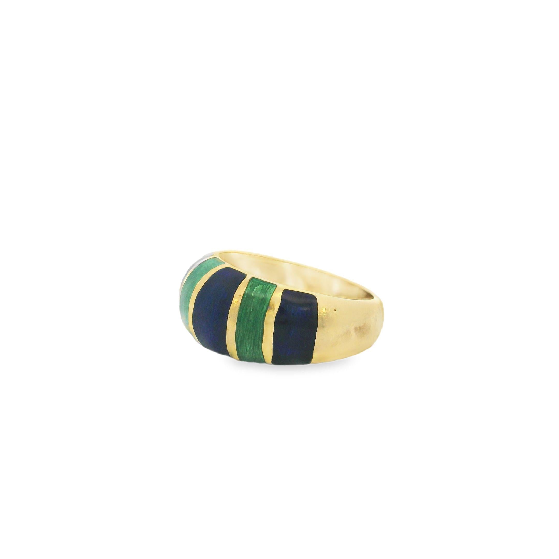 18k Yellow Gold Vintage Enamel Green and Blue Ring