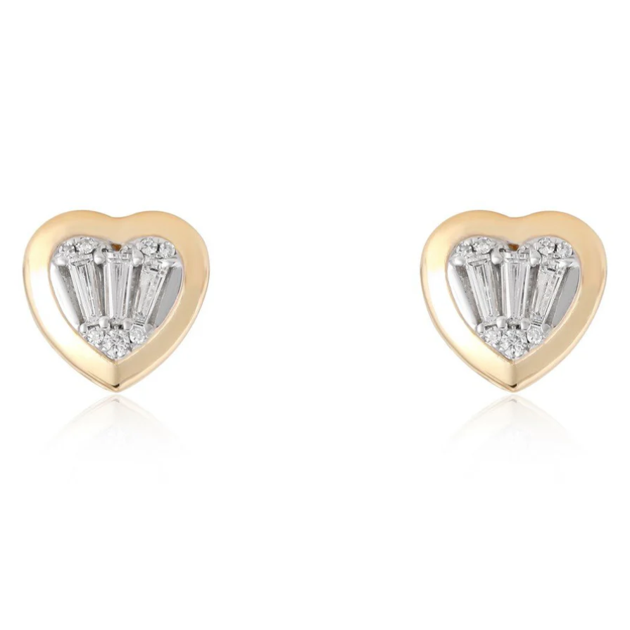14k Yellow Gold Baguette Cut Diamond Heart Earrings