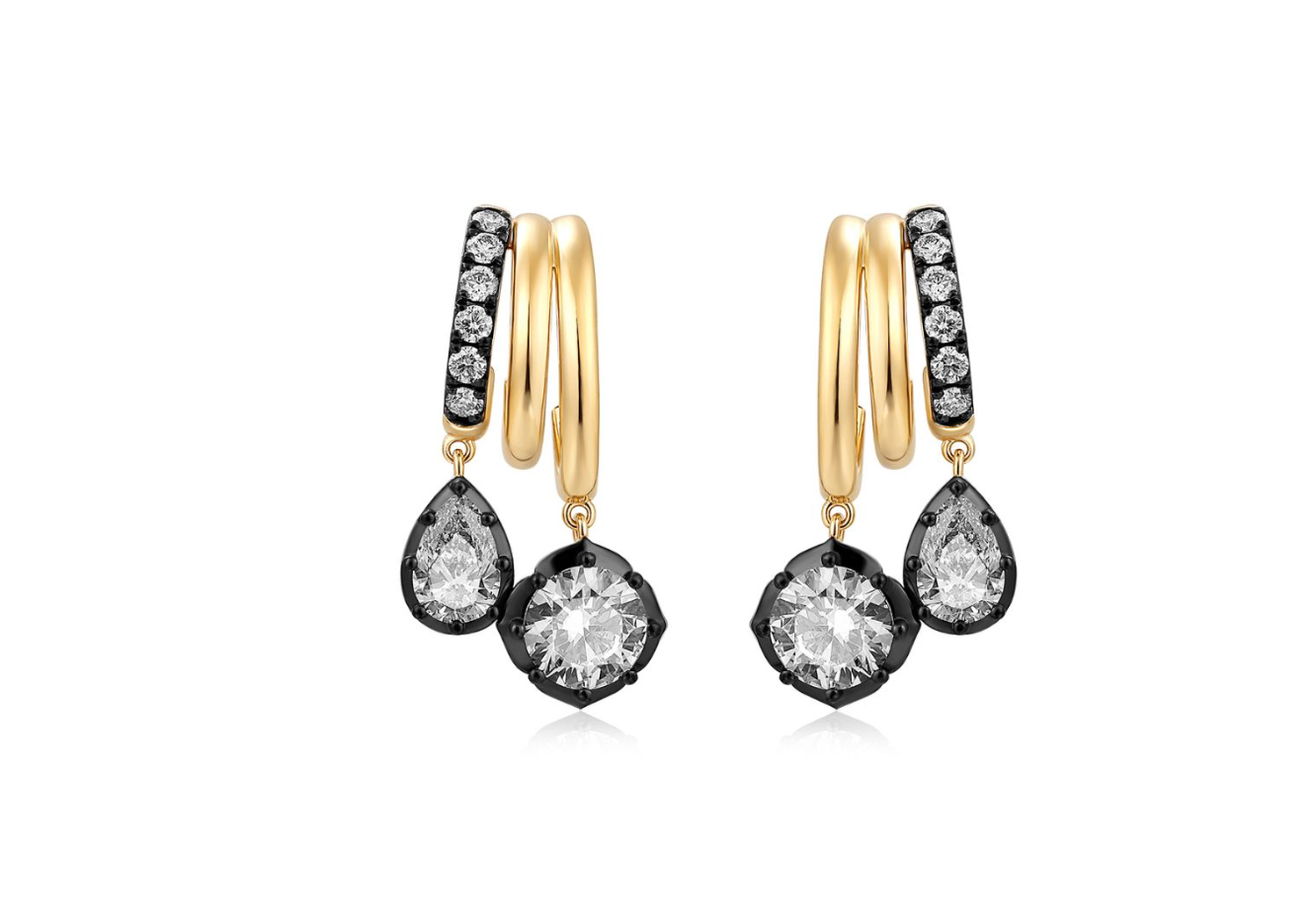 14k Yelllow Gold Lab Diamond Huggies Drop Black Rhodium