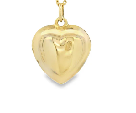 14k Yellow Gold Vintage Puffy Heart Diamond-Cut Link Necklace