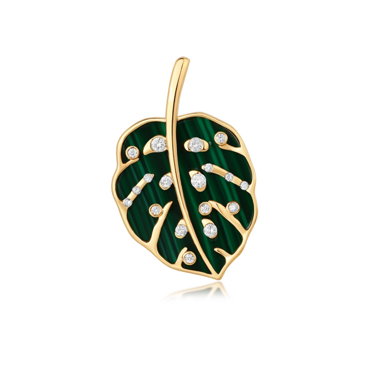 14k Yellow Gold Diamond Malachite Aspen Leaf Charm