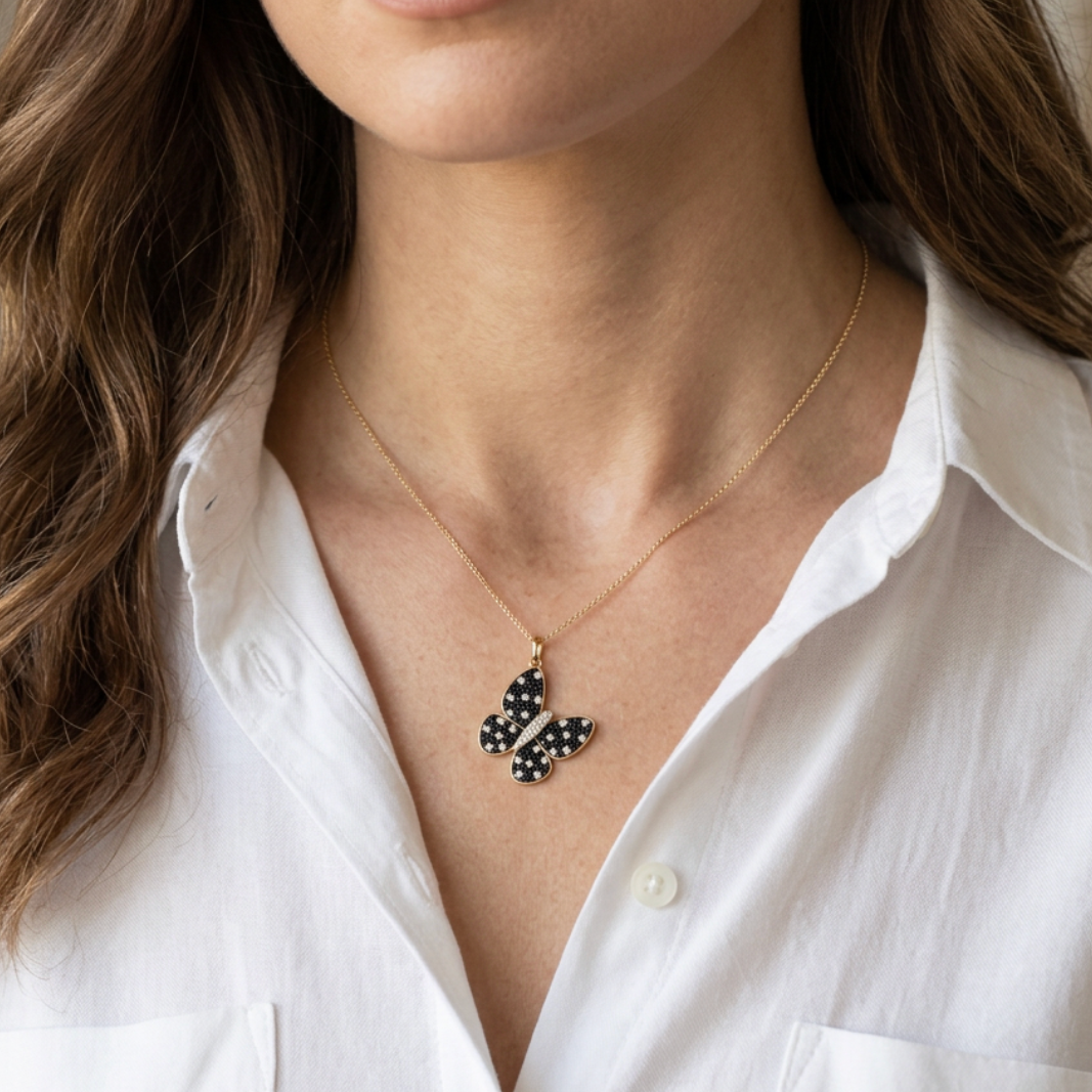 14k Yellow Gold 1.25 Carat Pave Black and White Polka Dot Diamond Butterfly Charm Pendant