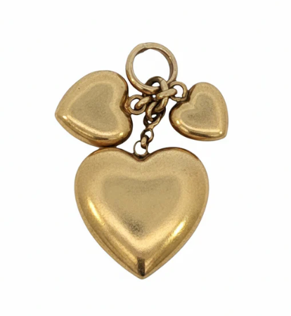 14k Yellow Gold Vintage Puffy Heart Trio Diamond-Cut Link Necklace